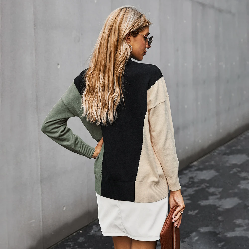 

Women Turtleneck Stitching Contrast Color Casual Sweater Long Sleeve Loose Inside Pullover 2020 Winter New Ladies Sweater