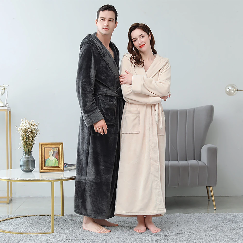 

Autumn Winter Flannel Hooded Bath Robes Mens Towel Robe Couple Warm Warm Bathrobe Thicken Lengthen Coral Fleece Kimono Nightgown