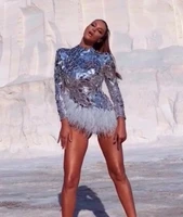 sparkly silver mirrors feather bodysuit womens bar birthday celebrate outfit singer prom women dancer show wear
