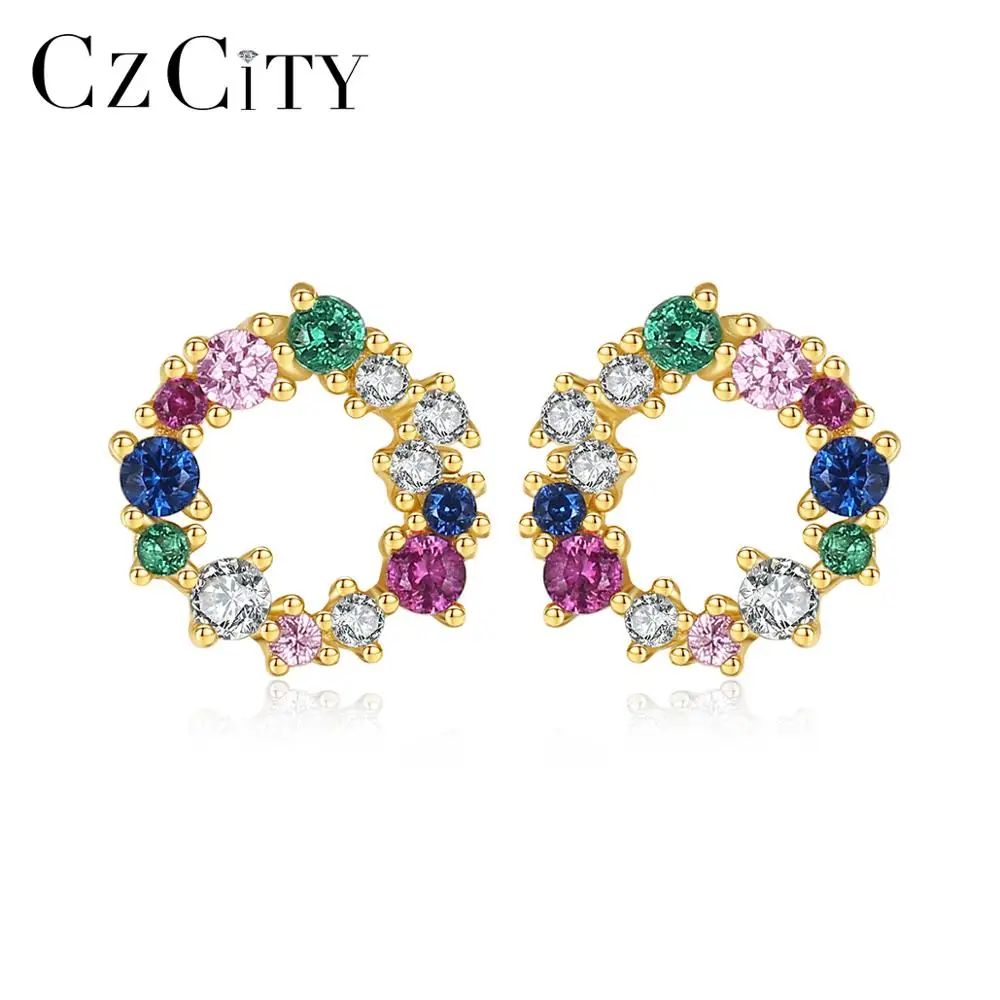 

CZCITY Circle Shape Multicolor CZ Stone Stud Earrings 925 Sterling Silver Fine Jewelry for Women Christmas Gift Boucle D’Oreille