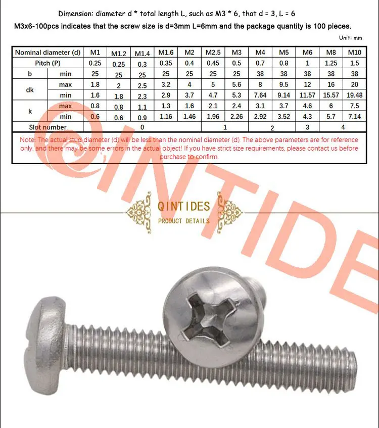 QINTIDES M1 M1.2 M1.4 M1.6 Cross recessed pan head screws 304 stainless steel round head screw machine screw