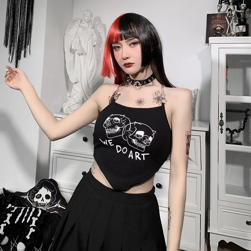 

Goth Skull Print Sexy Backless Camisole Gothic Punk Chain Straps Black Camis Harajuku Streetwear Sleeveless Cross KnittedTops