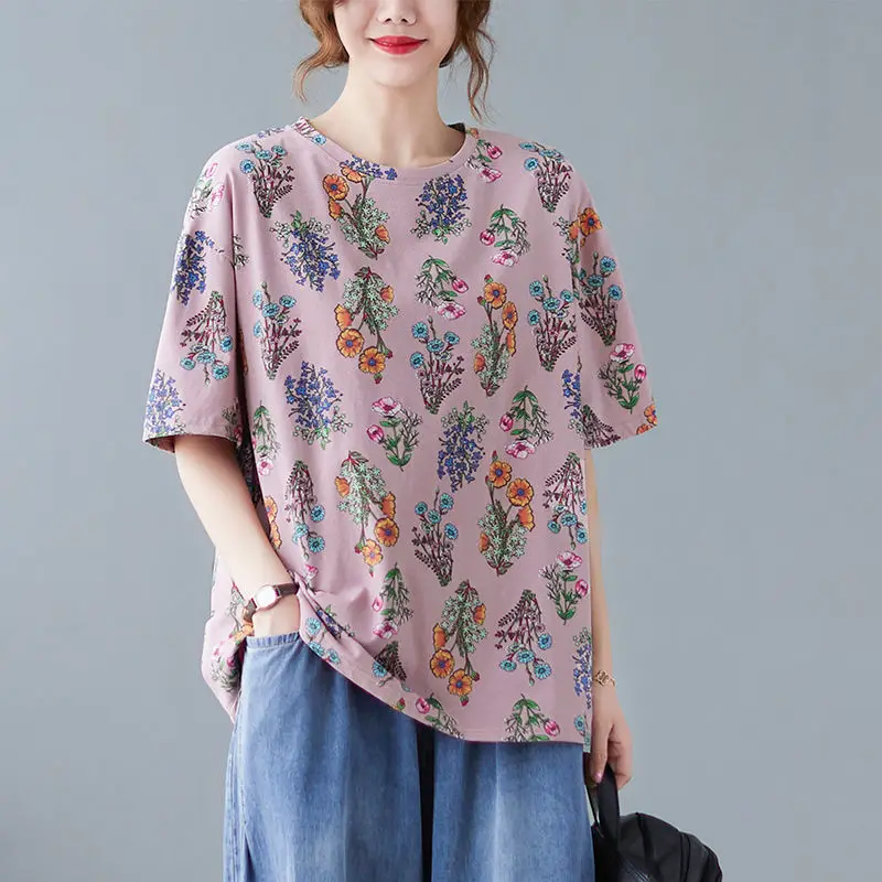 

Футболка женская с цветочным принтом, Повседневная модная тенниска, топ с винтажным принтом, свободная майка, лето 2021