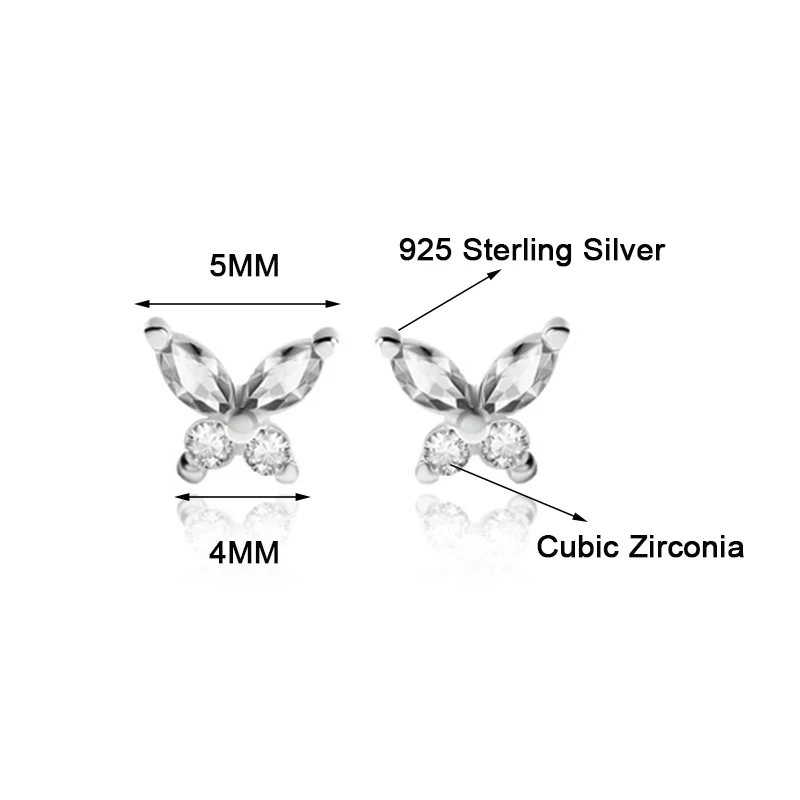 Joseph Mola 925 Sterling Silver Cute Small Butterfly Cubic Zirconia Stud Earrings For Women korean Style Fashion jewelry | Украшения и