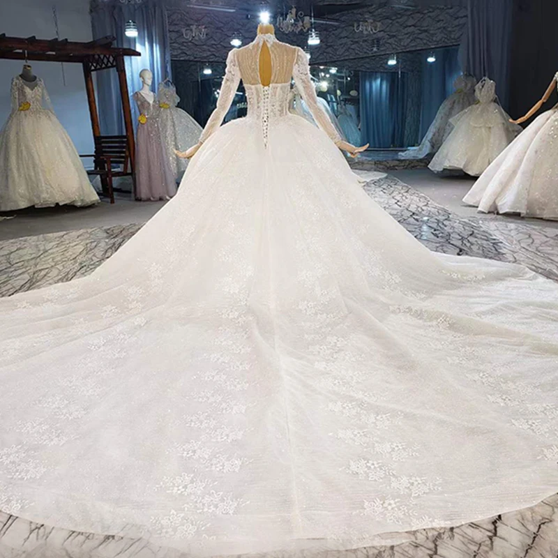 HTL2082 Long Sleeve Luxurious Sexy V-Neck Crystal Beading Sequined Wedding Dress 2021 For Woman Ball Gowns