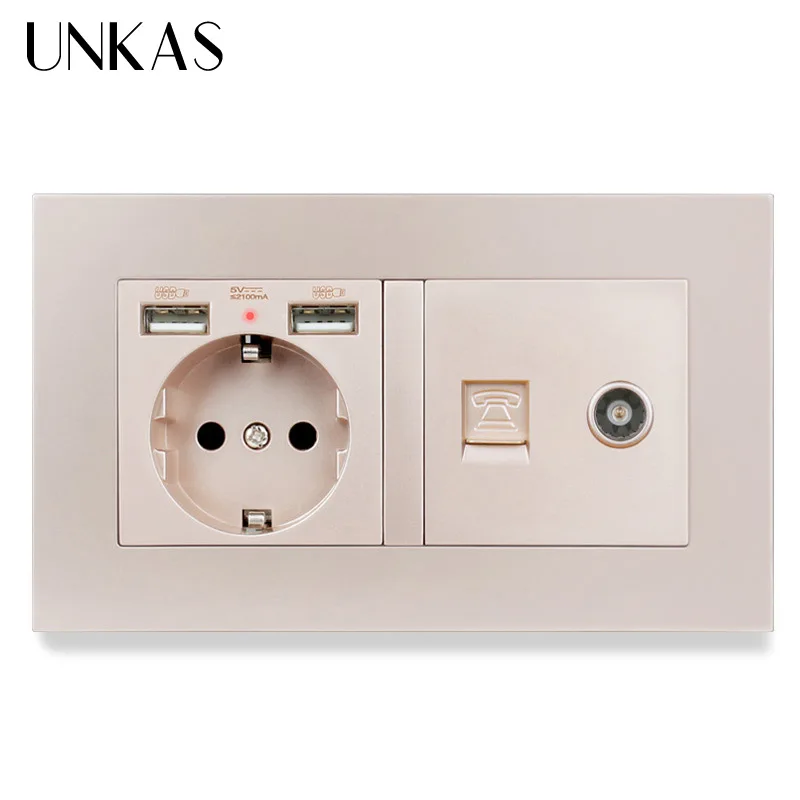 UNKAS Пластик Панель настенная розетка стандарта ЕС 2 USB зарядка Порты и разъёмы