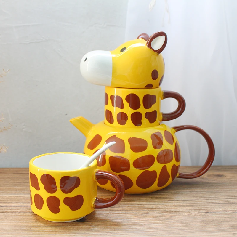 

Creative Hand-painted Ceramic 3d Giraffe Animal Mug Teapot Set With Lid Spoon Coffee Milk Tea Cup New Year Gift For Friends