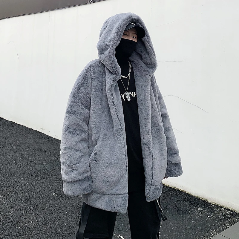 

Faux Rabbit Fur Jacket for Mens 2021 Fashion Trends Fleece Clothes Teen Harajuku Style Hip Hop Hooded Coats Oversized Streetwear