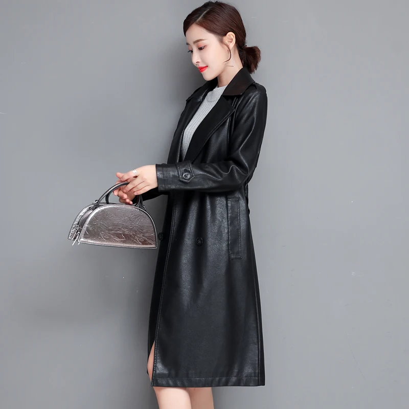 

Женская зимняя Длинная ветровка из искусственной кожи с поясом и отложным воротником