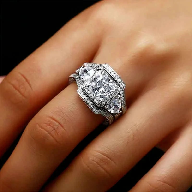 

3 Pcs/Set Elegant Silver Color White Cubic Zircon Rhinestone Crystal Female Metal Ring Set for Women Party Wedding Jewelry