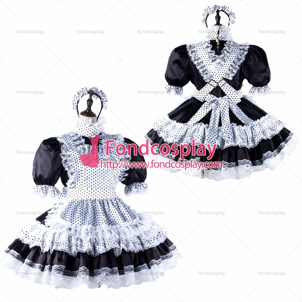 

fondcosplay adult sexy cross dressing sissy maid black satin dress lockable Uniform white Dots apron costume Tailor-made[G2216]