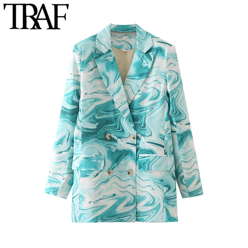 

TRAF Women Fashion Double Breasted Printed Blazer Coat Vintage Long Sleeve Pockets Feamle Outerwear Chic Veste Femme