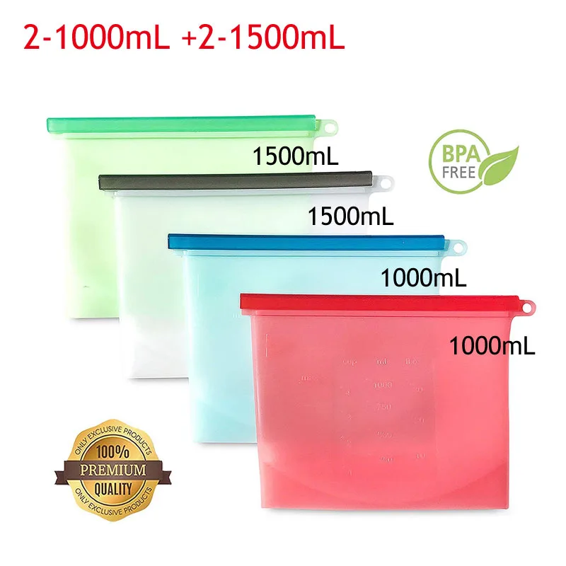 2-1000ml 2-1500ml Кухонные многоразовые силиконовые сумки для хранения пищевых продуктов, BPA бесплатные пакеты для сохранения пищевых продуктов, герметичные пакеты для хранения замороженных продуктов на холодильник - Цвет: 2-1000ml 2-1500ml
