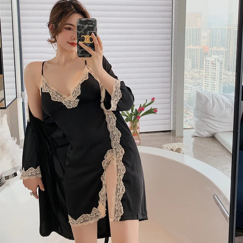 

Sexy Lady Rayon Robe Sets V-Neck Nightgown Nightdress Bathrobe With Belt Split Lace Floral Trim Loose Home Dress Lingerie Kimono