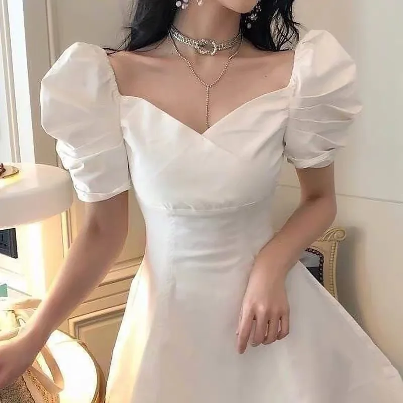 

[DEAT] 2021 new summer fashion women dress sqaure collar short sleeves high waist mini sexy dresses tide WP63800L