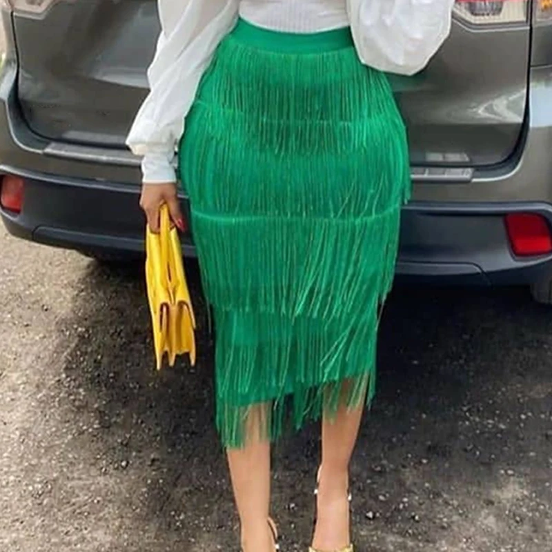 

Green Fringe Bodycon Pencil Skirts Tassel High Waist Women Stretch Sheath Midi Length Ladies Slim Jupe Saias faldas Plus Size