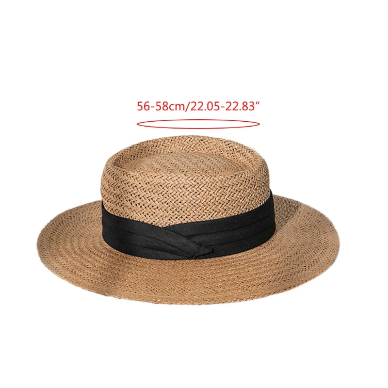 

Women Men Summer Woven Straw Sun Hat Flat Wide Brim Ribbon Bohemian Outdoor Sunscreen Adjustable Panama Boater Beach Cap