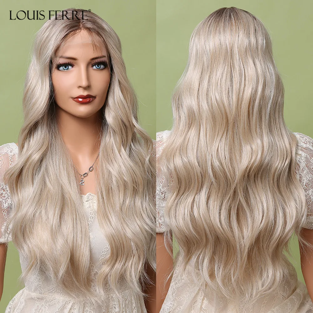 LOUIS FERRE Long Water Wavy T Part Lace Wigs with Baby Hair Light Blonde Hair Wigs Heat Resistant 13*1 Lace Part Wigs for Women