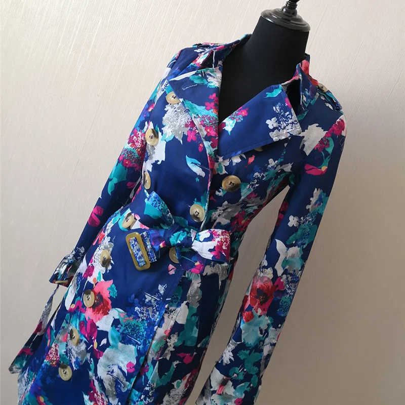 

[Clearance] Low Price Women Medium Long Casual Trench Femme Coats Winter Blue Flowers Printed Lapel Long Sleeve Long Windbreaker