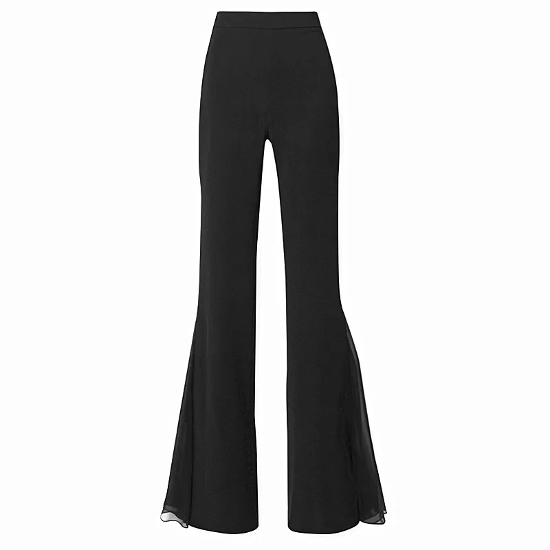 women's Floor length trousers European high-quality slim pants split with chiffon mesh stitching design big flare pants F1357