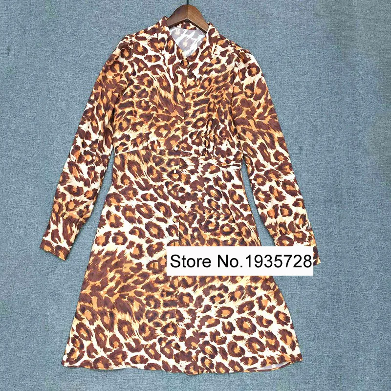 Женское Короткое платье ElfStyle шелковое с леопардовым принтом длинными рукавами и