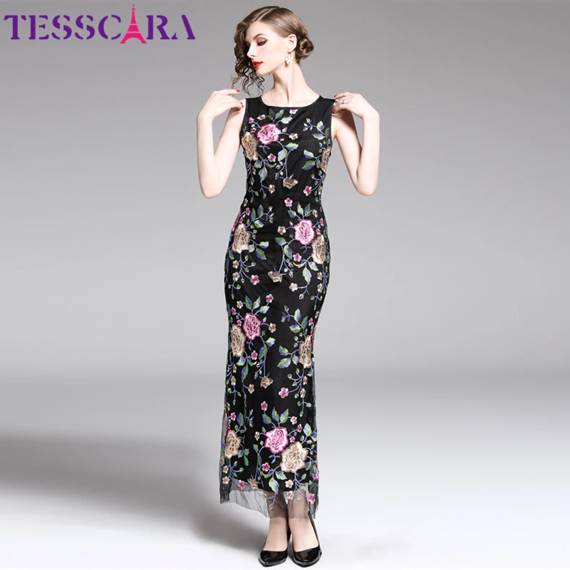 TESSCARA Women Long Maxi Embroidery Floral Mesh Dress Female Elegant Wedding Party Robe Femme Designer High Quality Vestidos | Женская