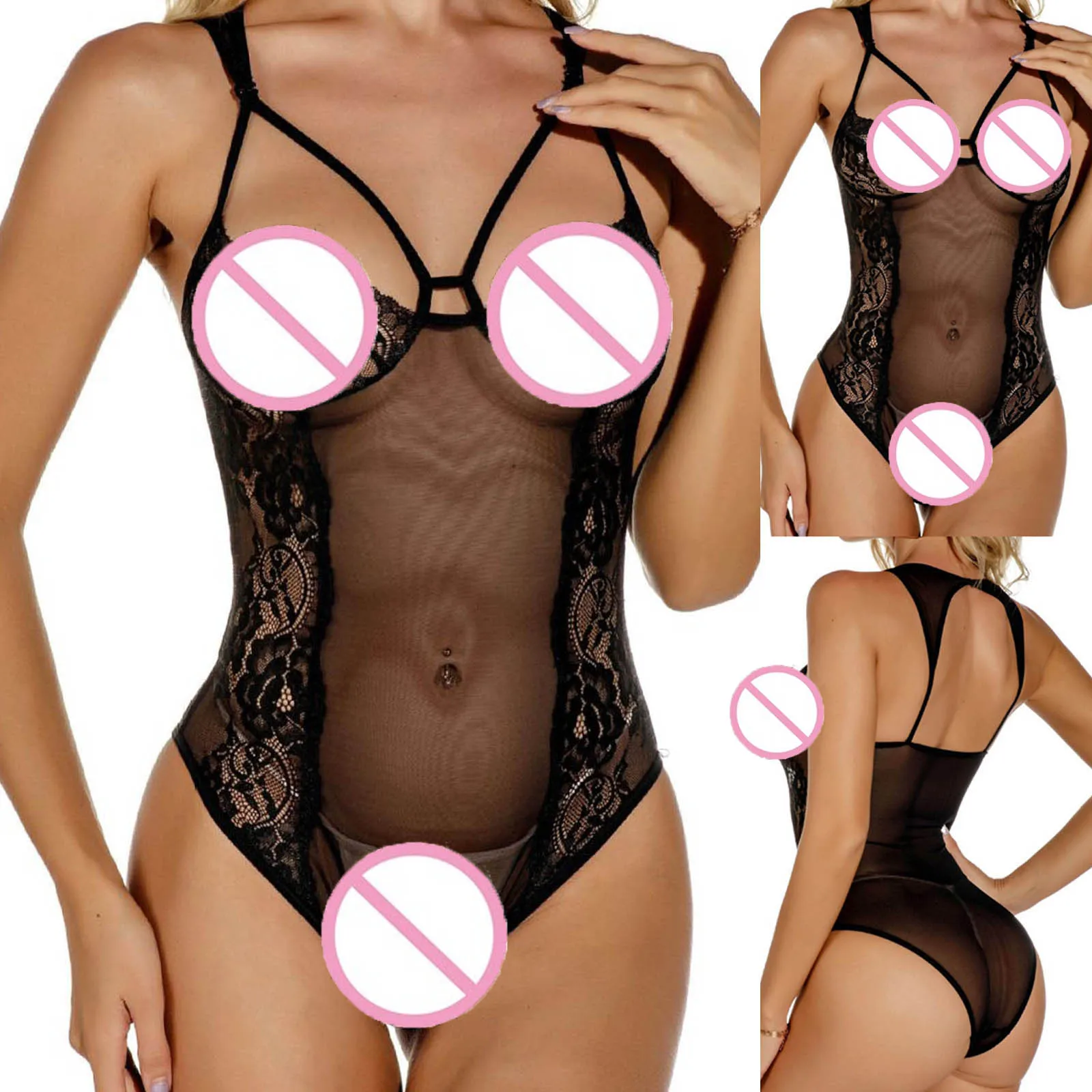 

Hot Open Bra Halter Erotic Lingerie Set Women Black Purple Lace Perspective Transparent Babydoll Sexy Temptation Underwear Porno