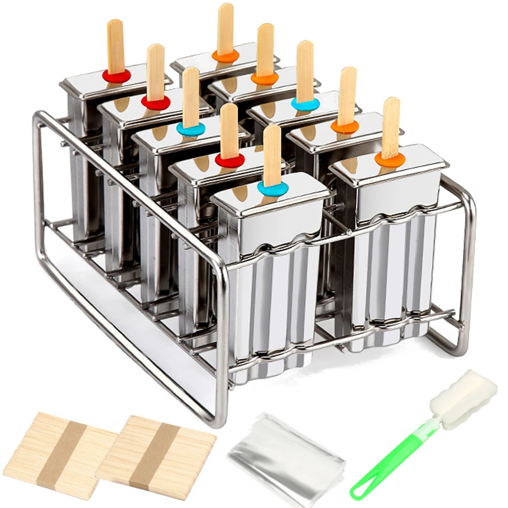 

DIY 10 PCS Stainless Steel Ice Cream Mold Ice Popsicle Mold Set Reusable Ice Cream Mold With Stick Ans Lid Creative Kitchen Tool
