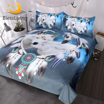 BlessLiving Wolves Couple Bedding Set 3D Print White Wolf Duvet Cover Tribal Animal Galaxy Bed Set Heart Dreamcatcher Bedspread 1