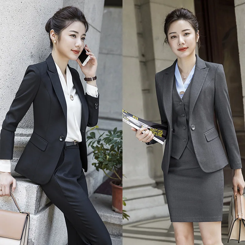 Gray Women's skirt suit Elegant long sleeve blazer and skirt two pieces set office ladies plus size formal Business work wear