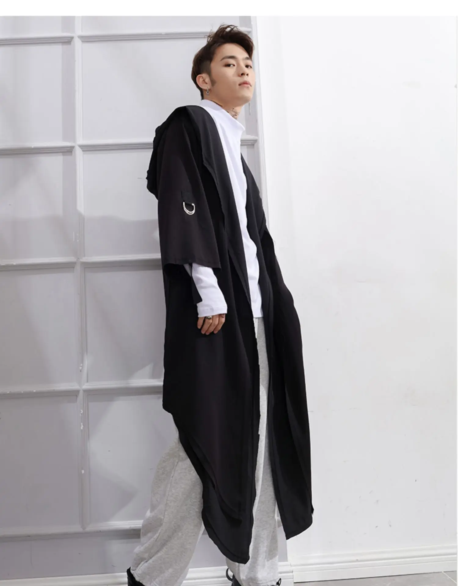 Мужская куртка на весну и осень с шапочкой свободная шаль пальто Повседневная