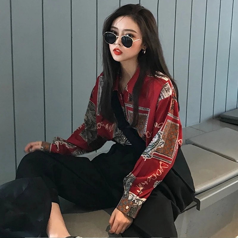 Осенняя винтажная рубашка женская красная модная блузка с принтом и открытыми