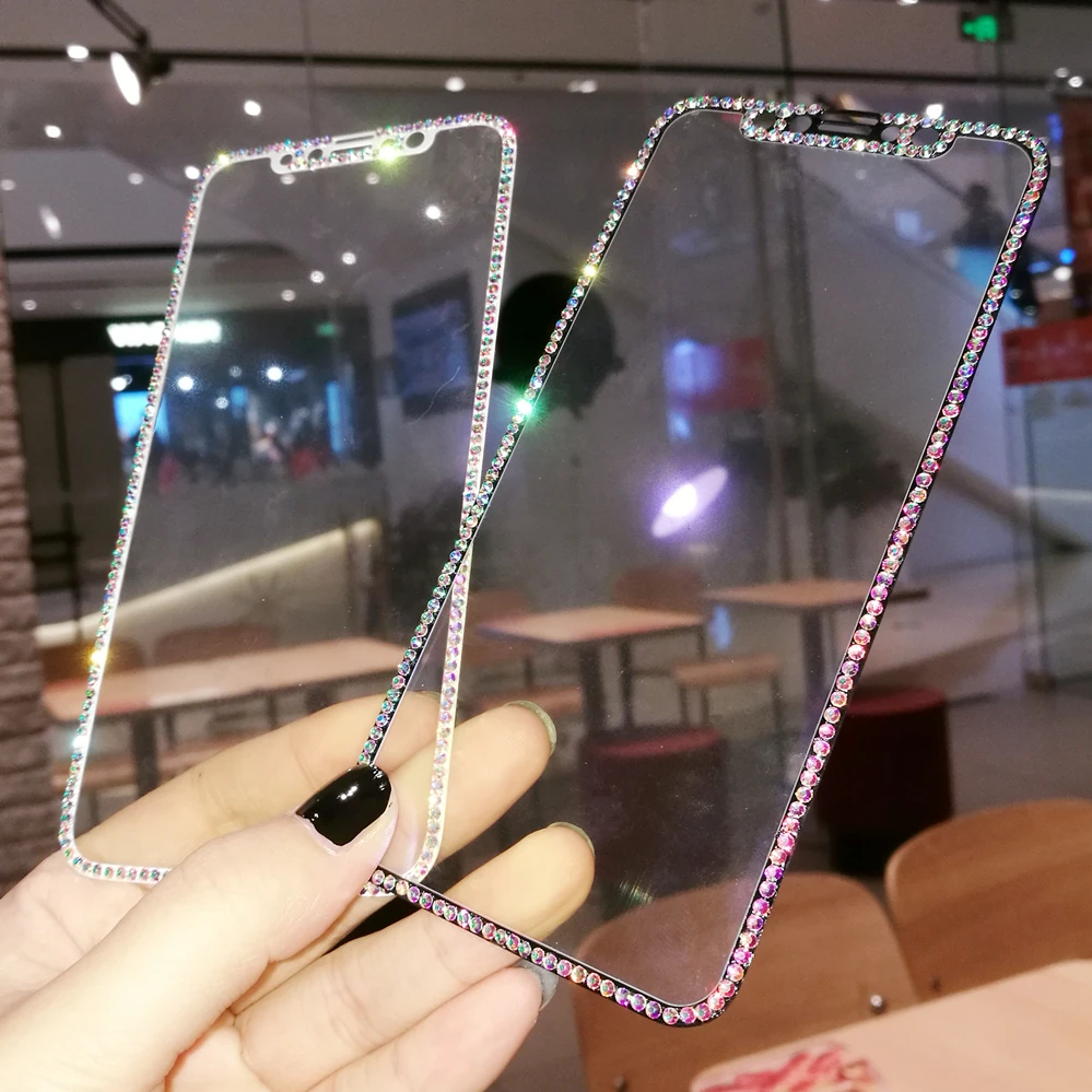 

Luxury Rhinestone Tempered Glass Film for iPhone X XR XS 13 12 11 Pro Max 6S 7 8 Plus SE2020 Diamond Screen Protector Film Guard