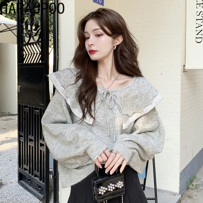 

Harajpoo Women Pullovers Lace Up Doll Collar Gray Knitwear Spring Autumn Loose 2021 New Gentle Lazy Fashion Clothes Long Sleeve