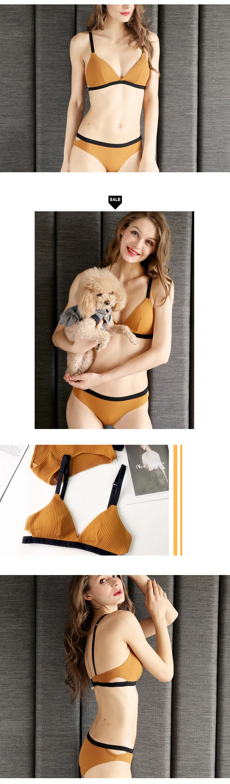 Французский спортивный стиль Bralette контрастного цвета хлопок Ребристое нижнее белье полые Triangel чашки без стали женское белье набор