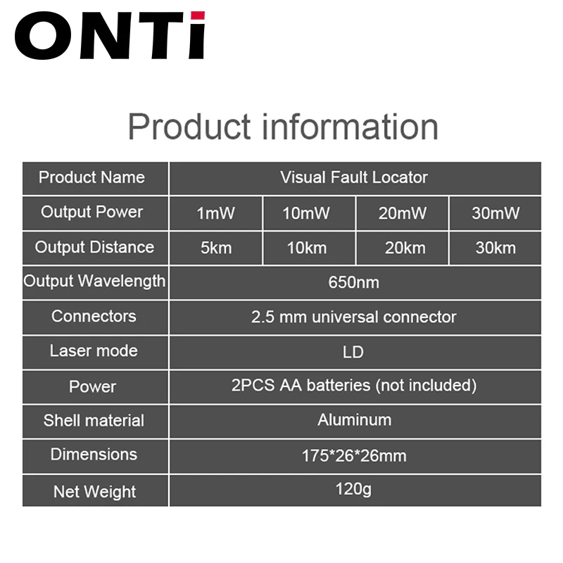 ONTi 10mW Visual Fault Locator Fiber Optic Cable Tester 30mw Red Laser Light 5-30KM Pen Type Visual Fault Locator SC/FC/ST