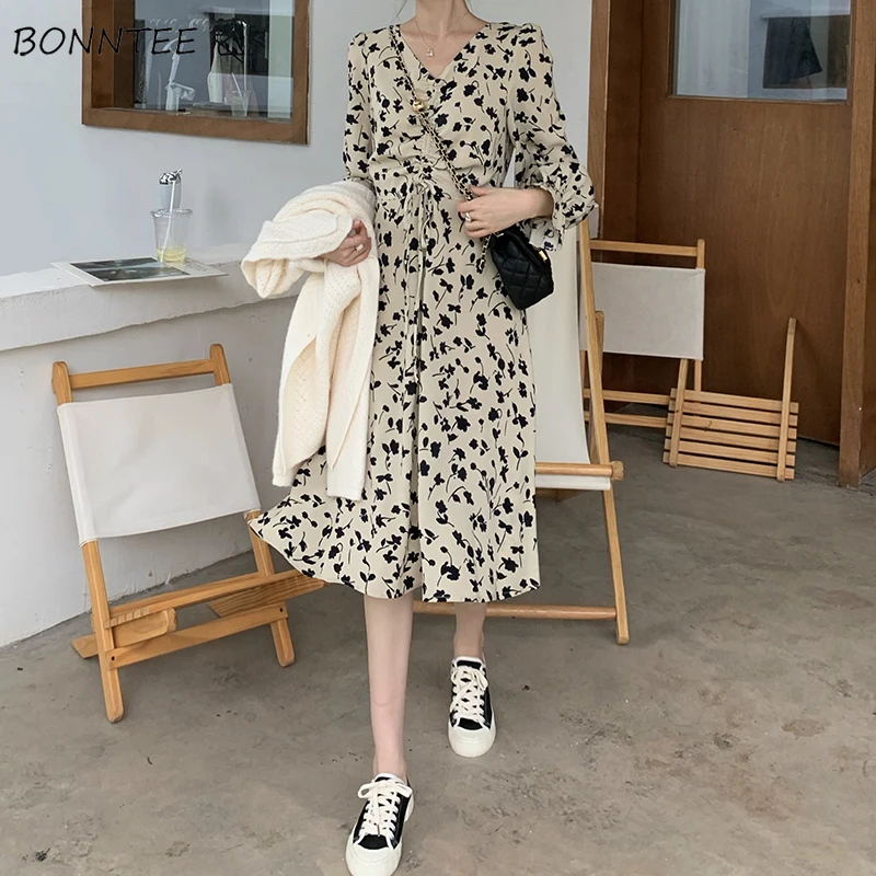 Женское платье с длинным рукавом винтажное праздничное цветочным принтом