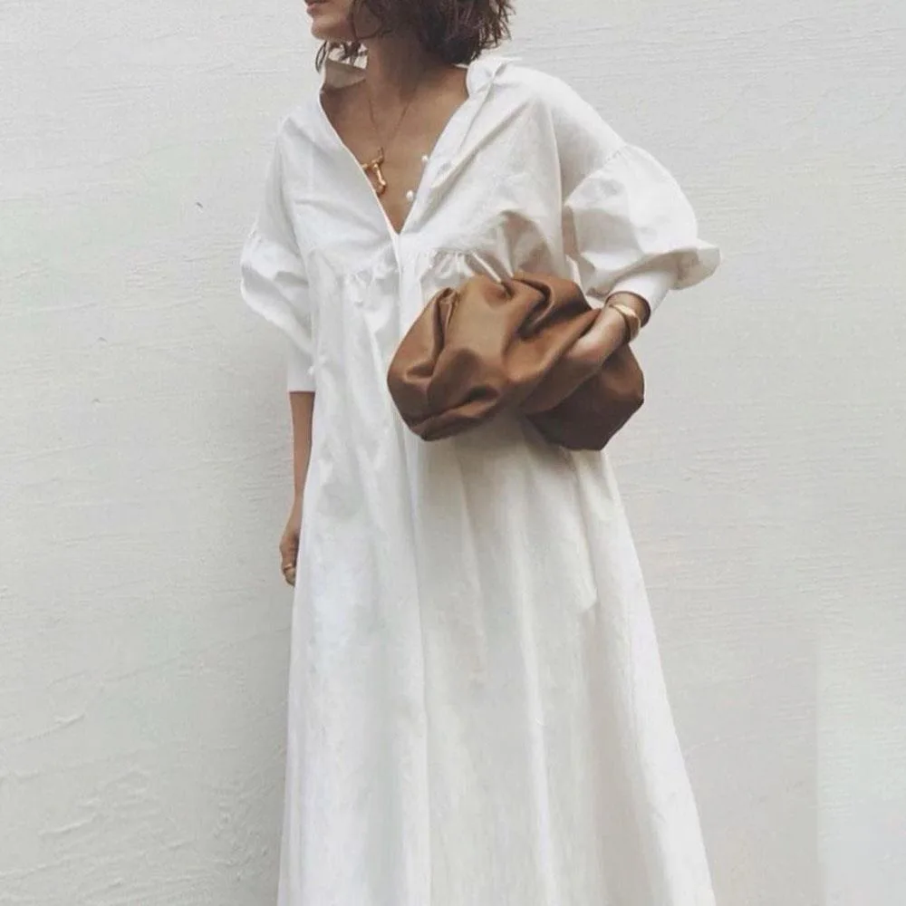 

Puff Sleeve Plain Shirt Dress Women 2020 Summer Korean Chic Japan Preppy Style Ankle Length Long Dress Vestidos White
