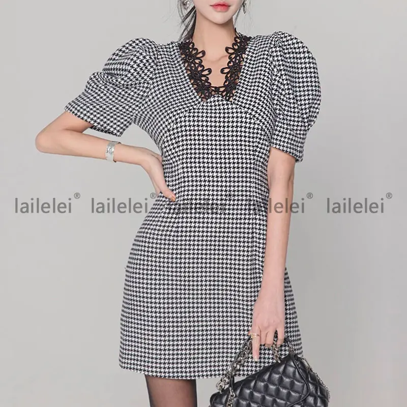 

Houndstooth Lace V Neck Dress Plaid Puff Sleeve Mini Patchwork Dresses For Women Party Elegant Vintage South Korea Vestido Corto