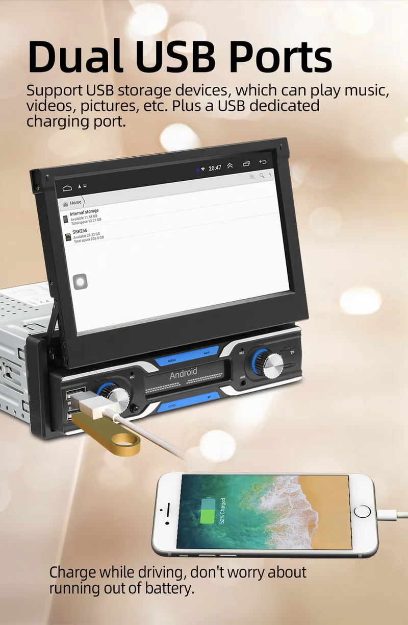 

MP5 DVR 7-inch 12V MirrorLink 1DIN Dual Screen Display Android 9.0 Car Radio Bluetooth WiFi GPS FM USB Aux Retractable Screen