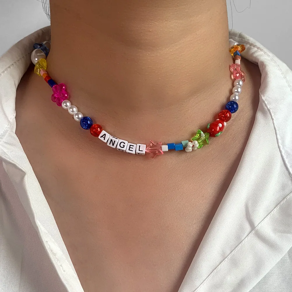 

Flatfoosie New Angel Letter Pearl Beaded Necklace For Women Trendy Candy Color Strawberry Flowers Crystal Beads Necklace Jewelry