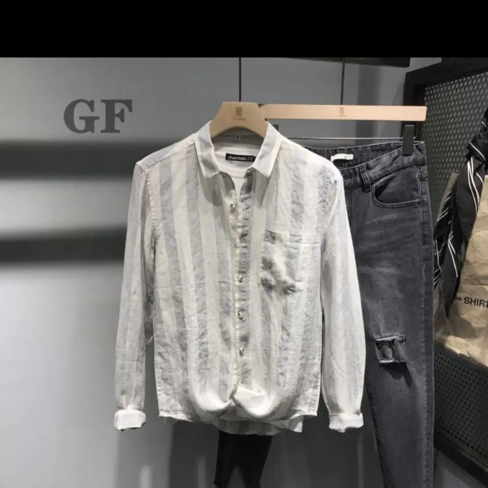 

Spring and Autumn Long-sleeved Striped Japanese Shirt Men's All-match Jacket Korean Thin Section Large Size Slim Loose Shirt