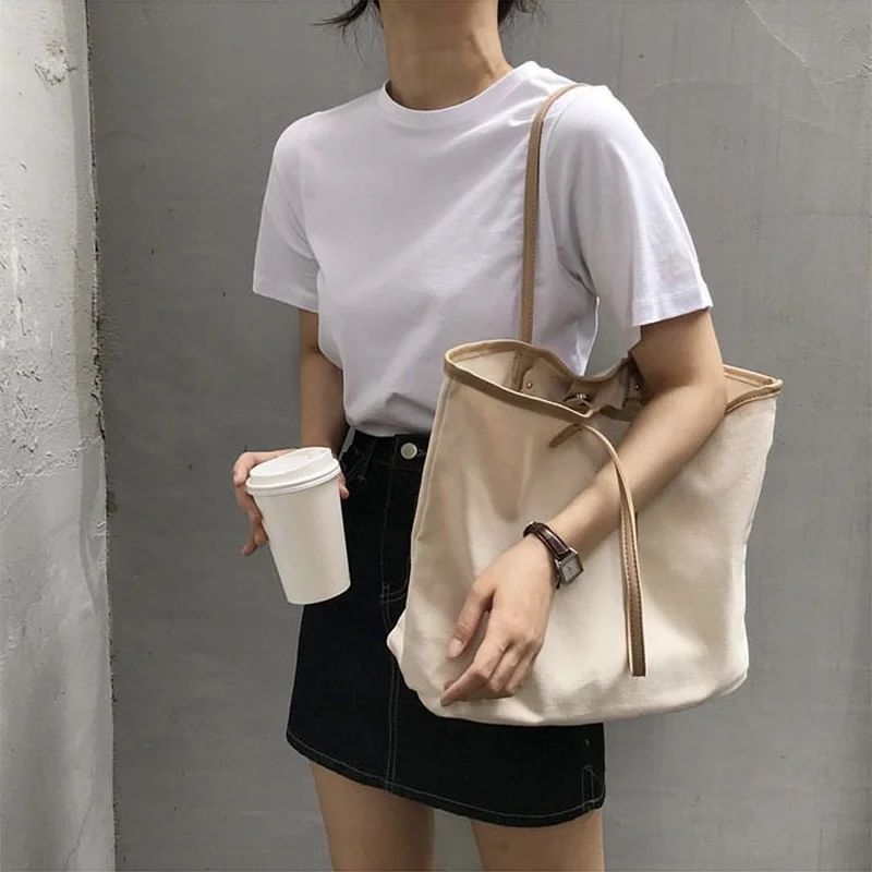

Casual Female Spring and Summer Large-capacity Canvas Bag Student Wild Simple Shoulder Bag Portable Large Bag