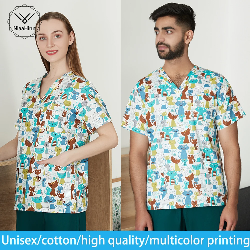 

Pet beautician ladies tops medical nurse uniforms men's multifunctional pure cotton breathable veterinary clean scrubs clothes