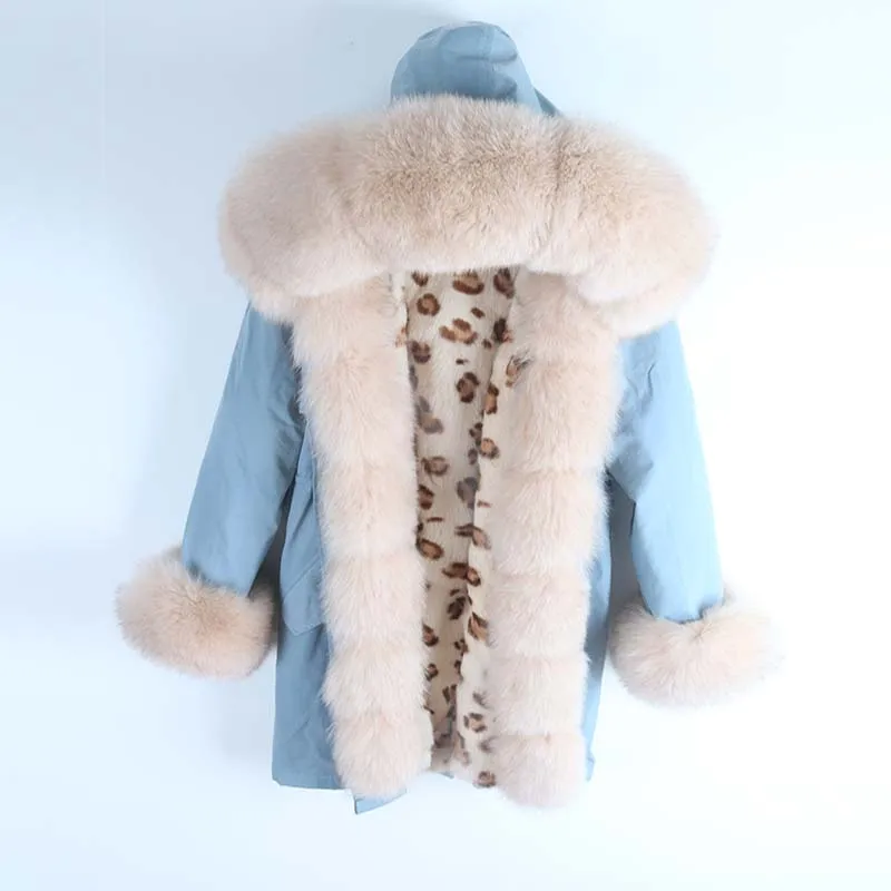 Rabbit Leopard Новая зимняя куртка женская красная лиса леопардовая кроличья меховая подкладка енота меховая парка натуральный Лисий меховой воротник верхняя одежда S-7XL - Цвет: Rabbit Leopard