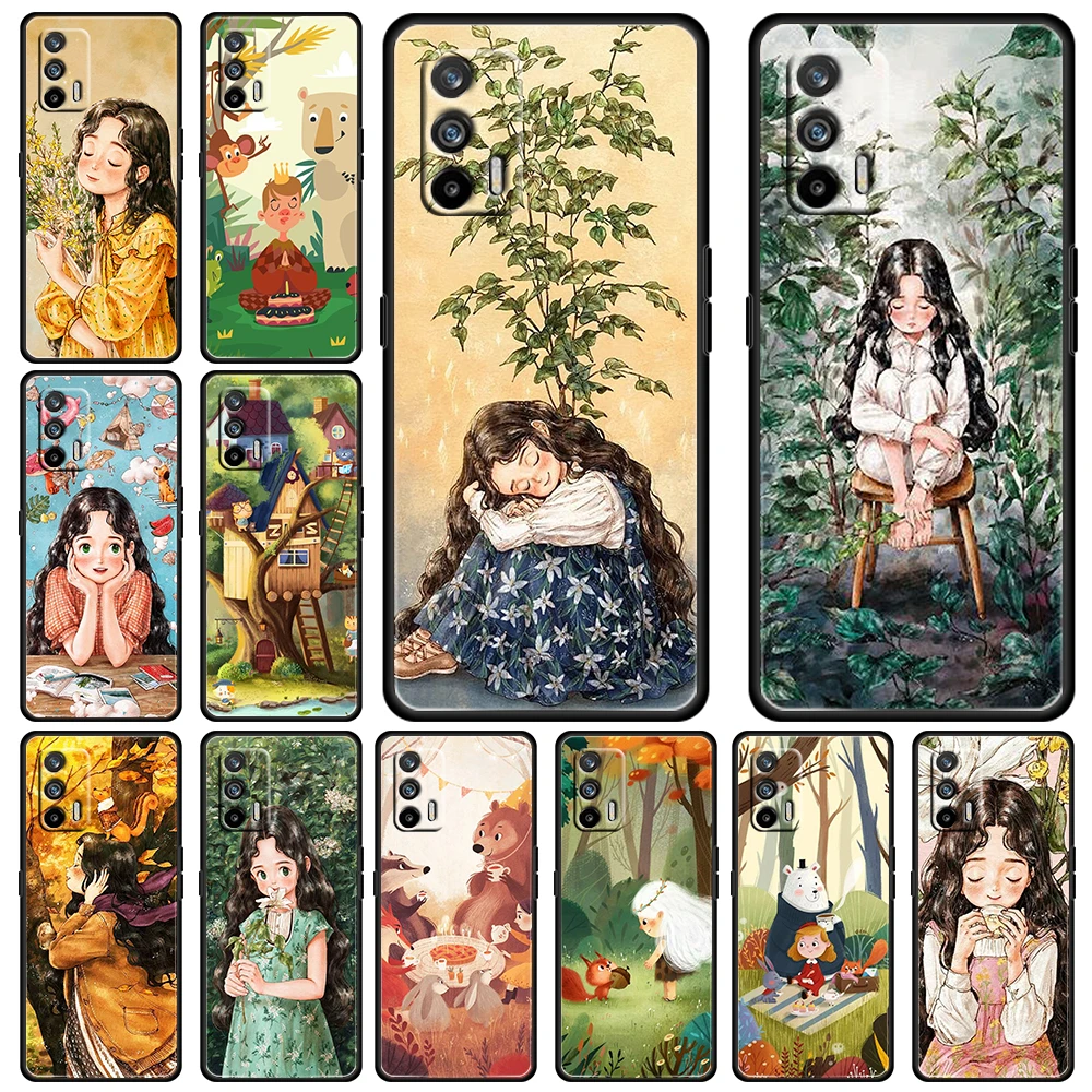

Healing girl cute For OPPO Realme GT Explorer Master Neo Flash Edition C21 C20 C15 C11 C3 Soft Black Phone Case