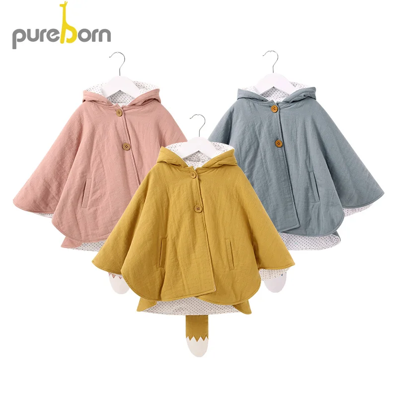 Pureborn/плащ с капюшоном; пальто для малышей; хлопковая накидка; пончо для маленьких девочек и мальчиков; Верхняя одежда с рисунком лисы; куртка; одежда на осень и весну