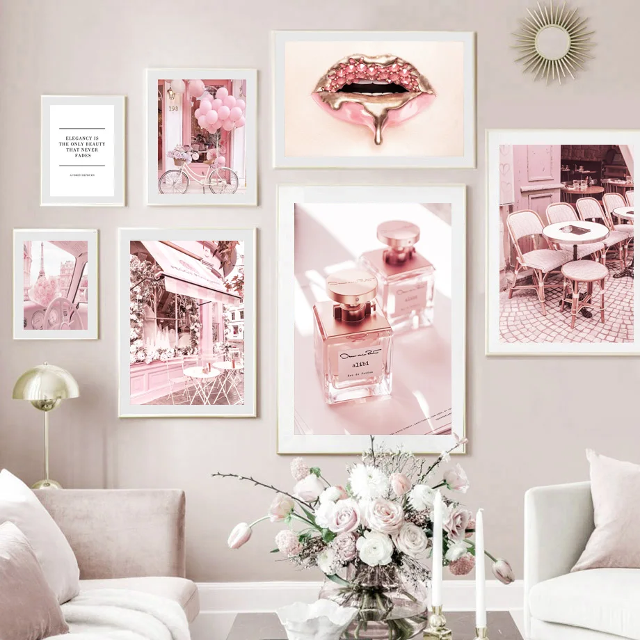 

Lips Heels Flower Perfume Quote Vogue Wall Art Canvas Painting Posters And Prints Living Room Decoration Pink Nordic Style Decor