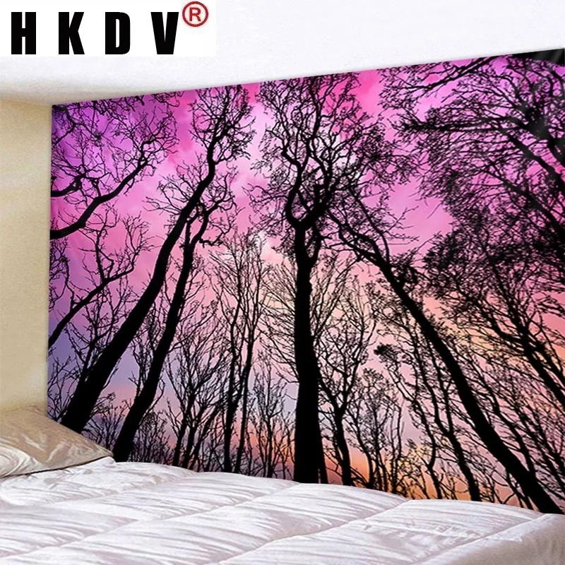 

HKDV Pink Sky Forest Landscape Tapestry Hanging Covering Rugs Background Cloth Beach Mat Blanket Art Bedroom Living Room Decor