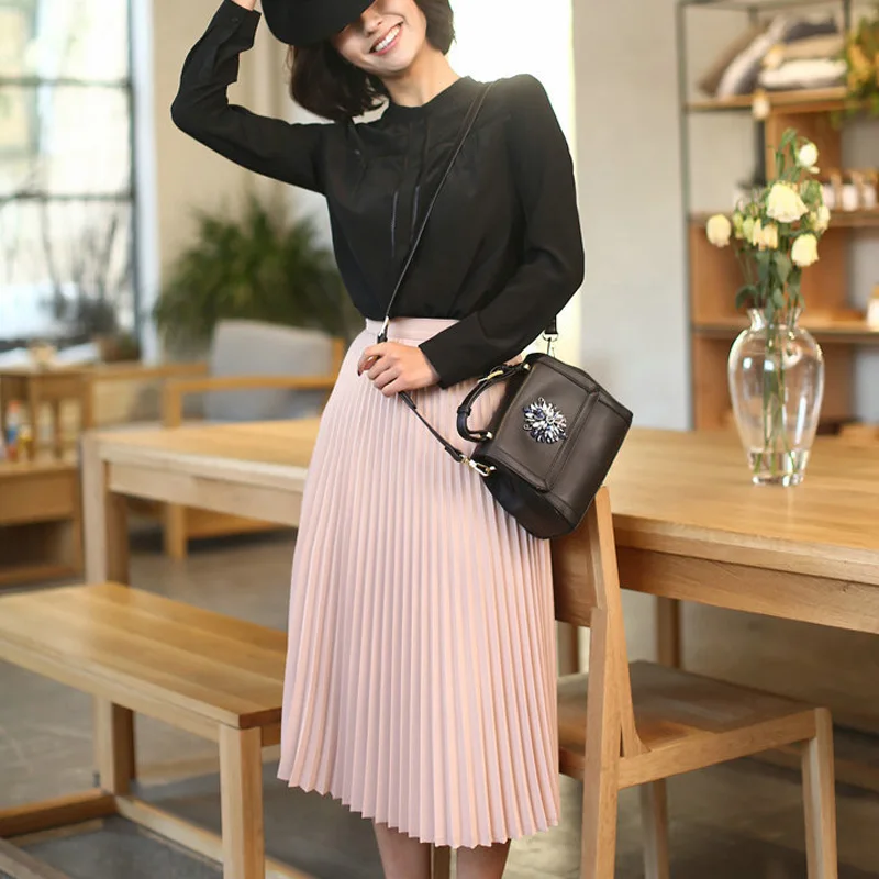 

Spring and Autumn New Fashion Women's High Waist Pleated Solid Color Half Length Elastic Skirt Promotions Lady Black Pink